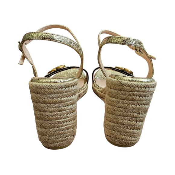 Gucci GG Aitana Marmont Espadrille Wedge Sandal Gold Leather Size 36.5 US 6.5 - Picture 4 of 11
